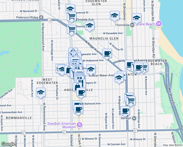 map of restaurants, bars, coffee shops, grocery stores, and more near 1428 West Bryn Mawr Avenue in Chicago
