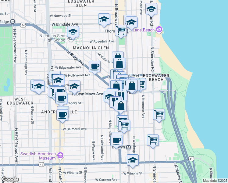 map of restaurants, bars, coffee shops, grocery stores, and more near 5600 North Ridge Avenue in Chicago