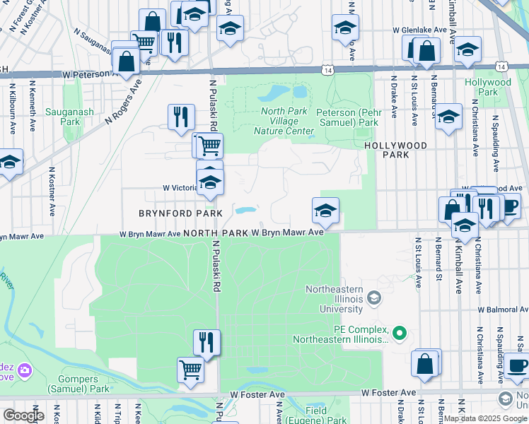 map of restaurants, bars, coffee shops, grocery stores, and more near 3900 West Bryn Mawr Avenue in Chicago
