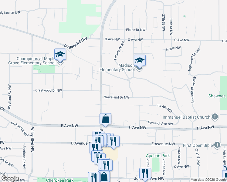 map of restaurants, bars, coffee shops, grocery stores, and more near 1107 Woodlark Lane Northwest in Cedar Rapids