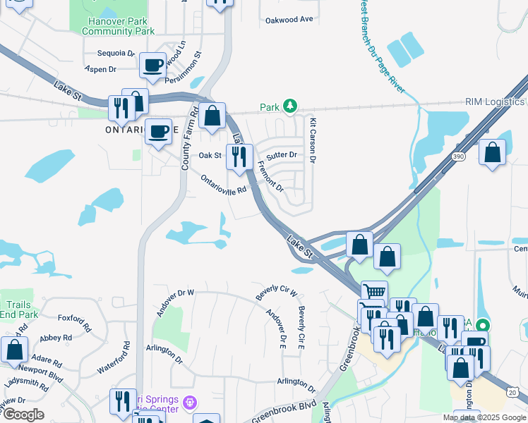map of restaurants, bars, coffee shops, grocery stores, and more near W Lake St & Barrington Rd in Hanover Park