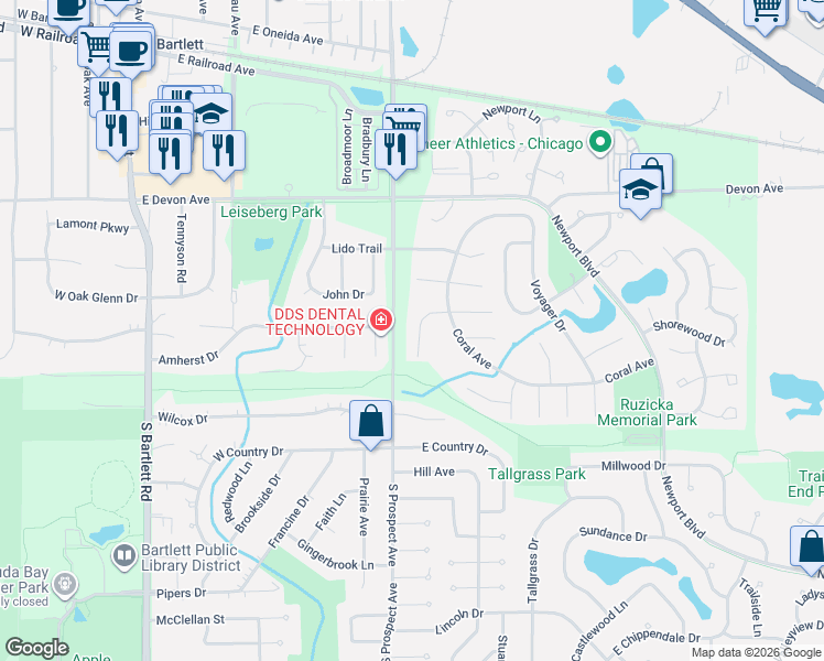map of restaurants, bars, coffee shops, grocery stores, and more near 857 Marina Terrace East in Bartlett