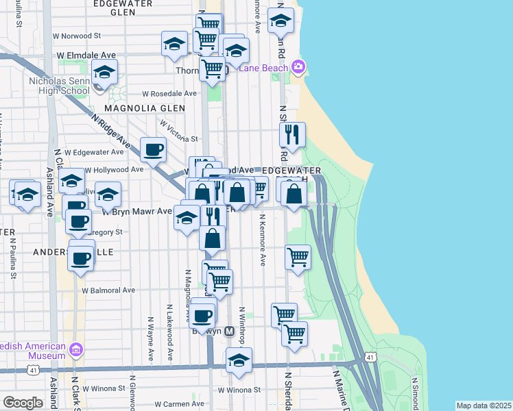 map of restaurants, bars, coffee shops, grocery stores, and more near 5608 North Kenmore Avenue in Chicago