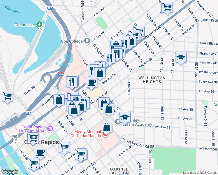 map of restaurants, bars, coffee shops, grocery stores, and more near 1220 3rd Avenue Southeast in Cedar Rapids