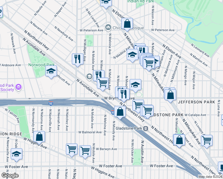 map of restaurants, bars, coffee shops, grocery stores, and more near 5631 North Melvina Avenue in Chicago