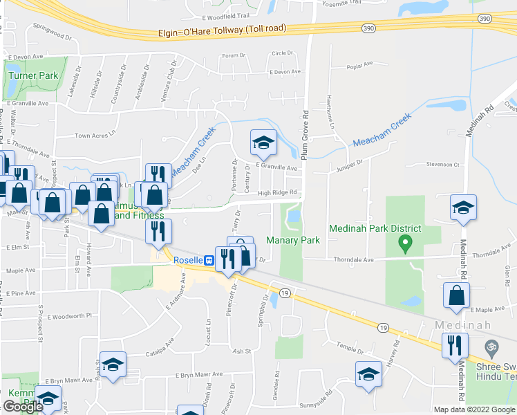 map of restaurants, bars, coffee shops, grocery stores, and more near 682 Morningside Court in Roselle