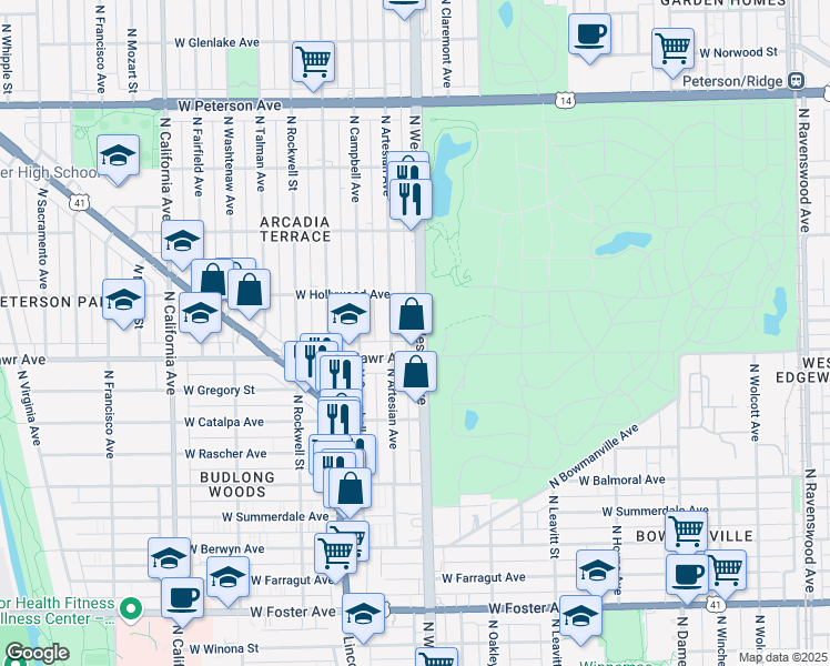 map of restaurants, bars, coffee shops, grocery stores, and more near 5616 North Western Avenue in Chicago