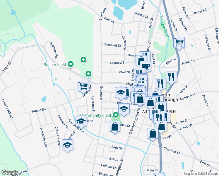map of restaurants, bars, coffee shops, grocery stores, and more near 99 Church Street in North Attleborough