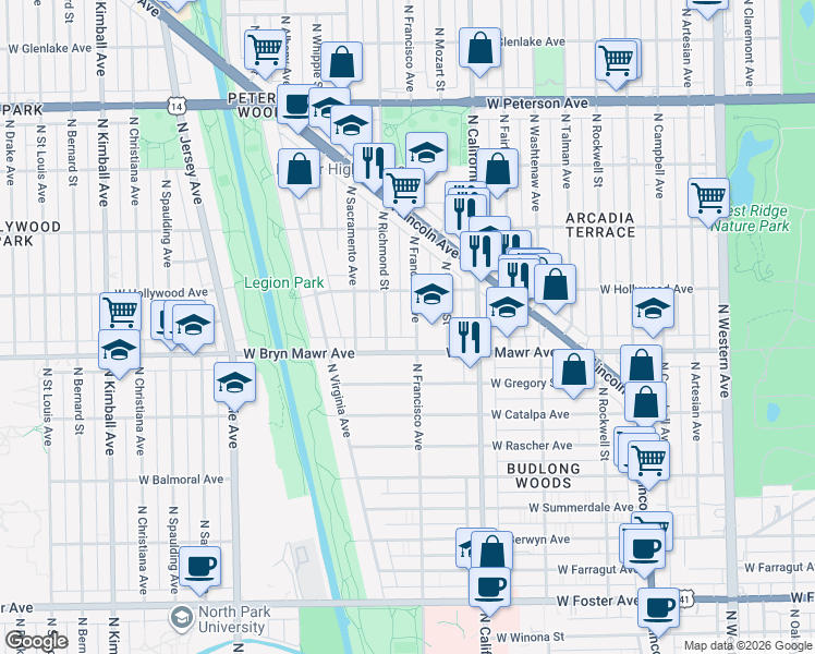 map of restaurants, bars, coffee shops, grocery stores, and more near 5620 North Francisco Avenue in Chicago