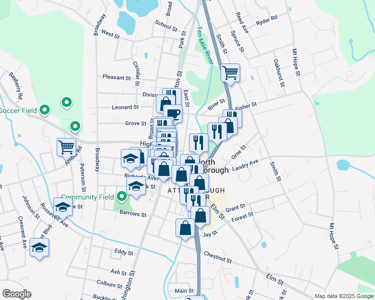 map of restaurants, bars, coffee shops, grocery stores, and more near 104 East Street in North Attleborough