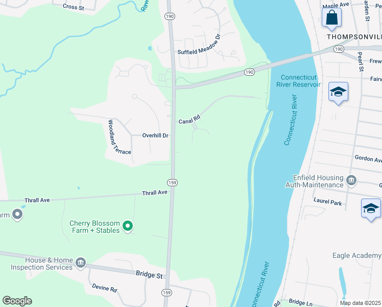 map of restaurants, bars, coffee shops, grocery stores, and more near 1 Canal Road in Suffield