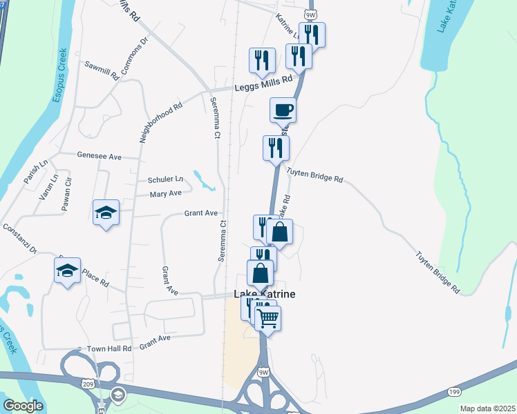 map of restaurants, bars, coffee shops, grocery stores, and more near 1759 Route 9W in Lake Katrine