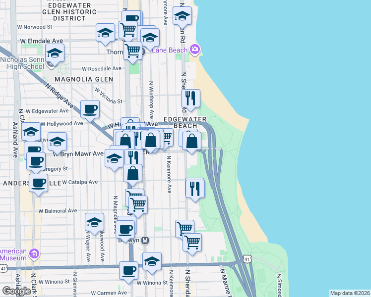 map of restaurants, bars, coffee shops, grocery stores, and more near 5556 North Sheridan Road in Chicago