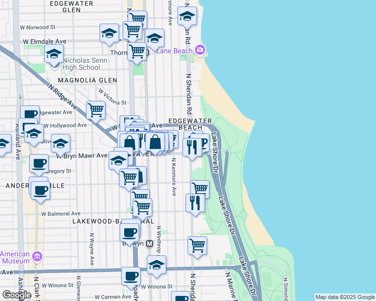 map of restaurants, bars, coffee shops, grocery stores, and more near 5556 North Sheridan Road in Chicago
