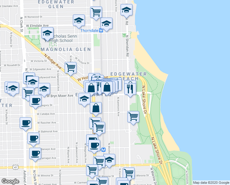 map of restaurants, bars, coffee shops, grocery stores, and more near 1039 West Bryn Mawr Avenue in Chicago