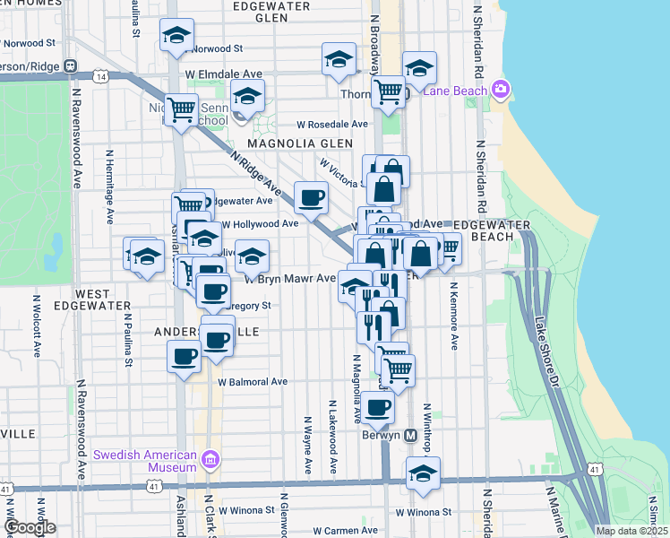 map of restaurants, bars, coffee shops, grocery stores, and more near 5558 North Lakewood Avenue in Chicago