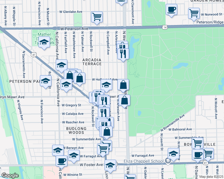 map of restaurants, bars, coffee shops, grocery stores, and more near 2452 West Bryn Mawr Avenue in Chicago