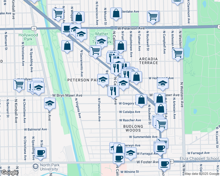 map of restaurants, bars, coffee shops, grocery stores, and more near 10 North Mozart Street in Chicago