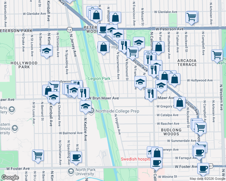 map of restaurants, bars, coffee shops, grocery stores, and more near 5611 North Virginia Avenue in Chicago