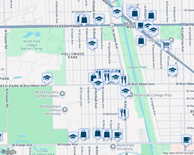 map of restaurants, bars, coffee shops, grocery stores, and more near 5614 North Kimball Avenue in Chicago