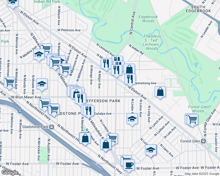 map of restaurants, bars, coffee shops, grocery stores, and more near 5619 North Parkside Avenue in Chicago