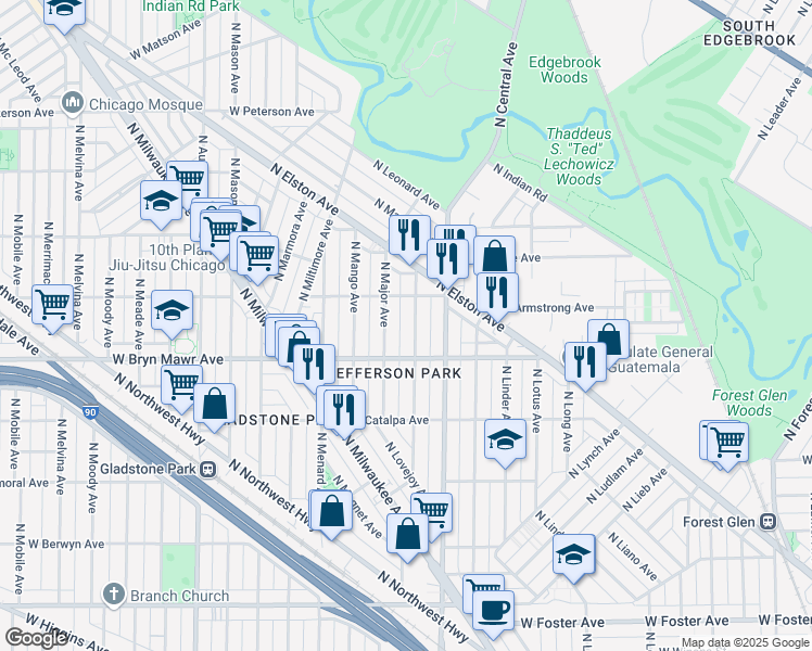 map of restaurants, bars, coffee shops, grocery stores, and more near 5619 North Parkside Avenue in Chicago