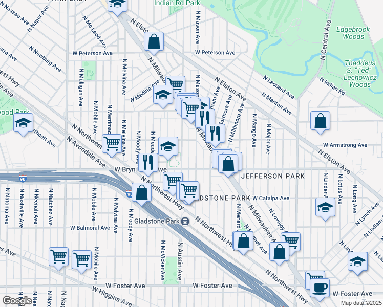 map of restaurants, bars, coffee shops, grocery stores, and more near 5620 North Mason Avenue in Chicago