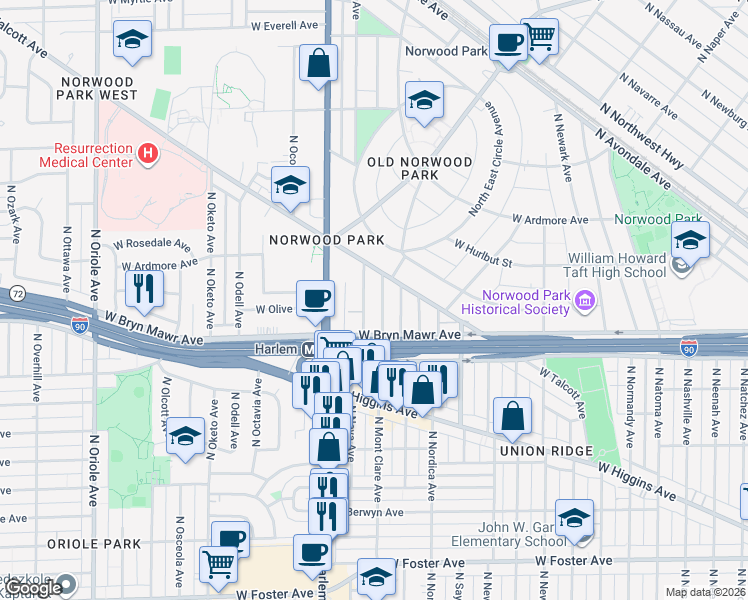 map of restaurants, bars, coffee shops, grocery stores, and more near 5624 North Neva Avenue in Chicago