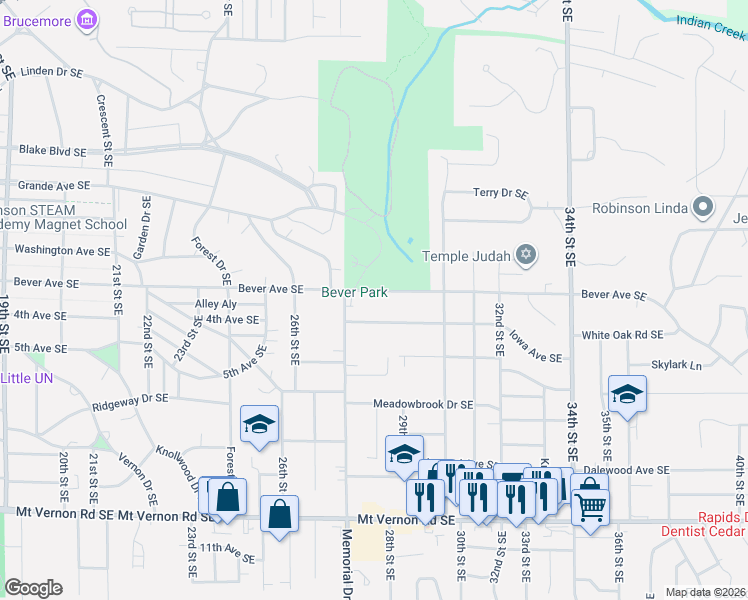 map of restaurants, bars, coffee shops, grocery stores, and more near 2715 Bever Avenue Southeast in Cedar Rapids