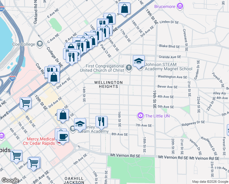 map of restaurants, bars, coffee shops, grocery stores, and more near 1551 4th Avenue Southeast in Cedar Rapids