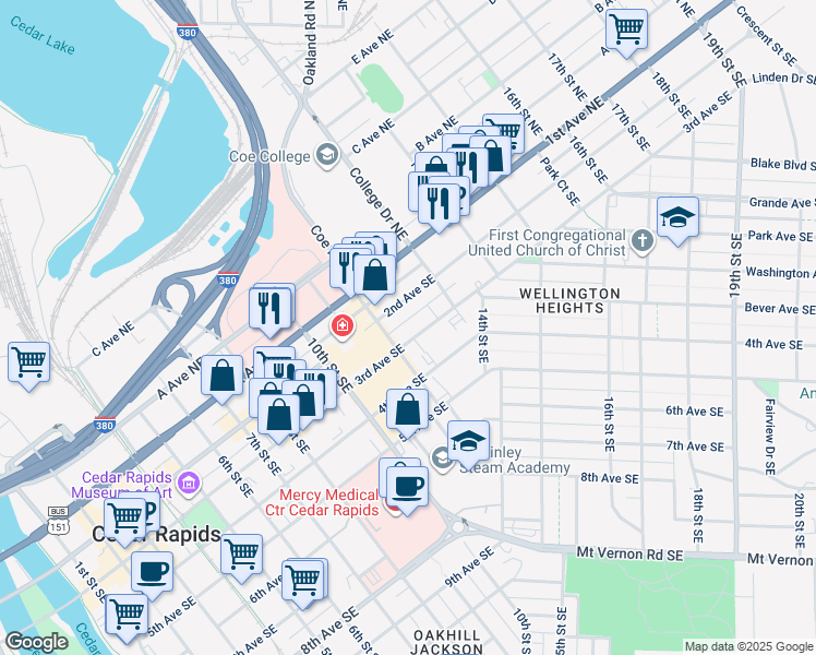 map of restaurants, bars, coffee shops, grocery stores, and more near 1200 3rd Avenue Southeast in Cedar Rapids