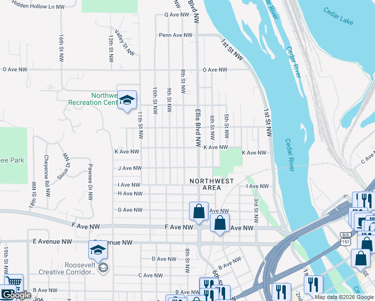 map of restaurants, bars, coffee shops, grocery stores, and more near 1123 8th Street Northwest in Cedar Rapids