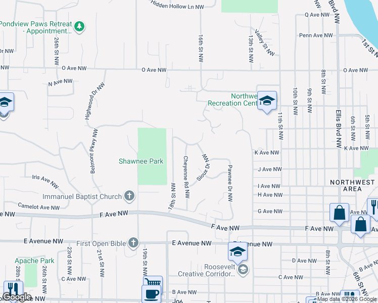 map of restaurants, bars, coffee shops, grocery stores, and more near 1119 Cheyenne Road Northwest in Cedar Rapids