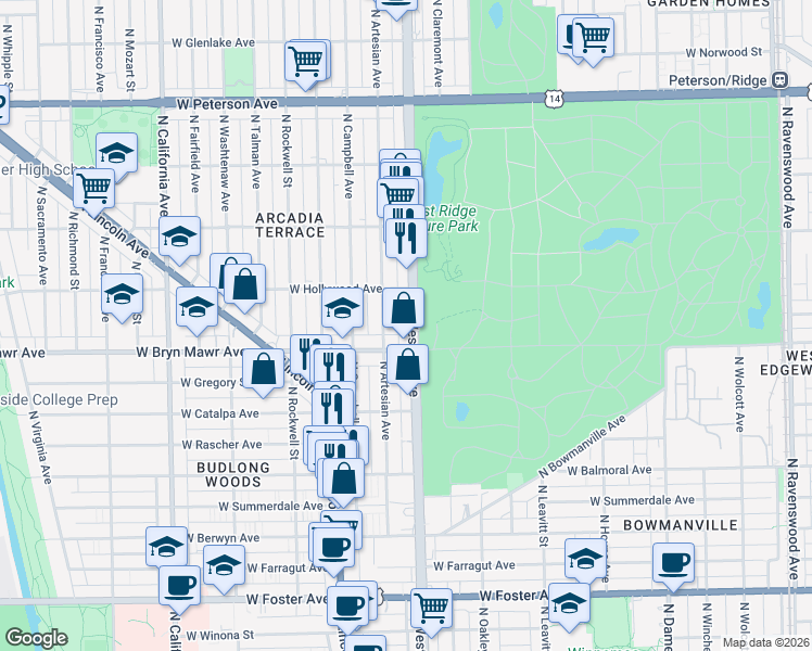 map of restaurants, bars, coffee shops, grocery stores, and more near 5622 North Western Avenue in Chicago