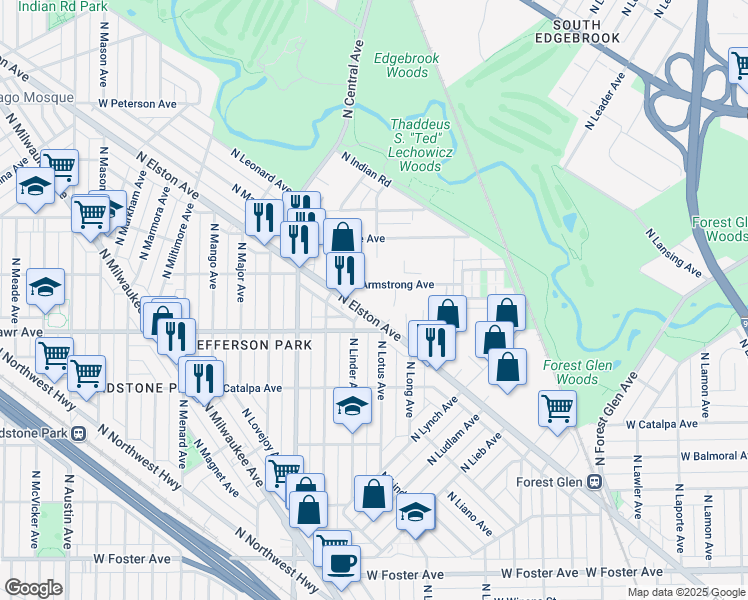 map of restaurants, bars, coffee shops, grocery stores, and more near 5460 North Elston Avenue in Chicago
