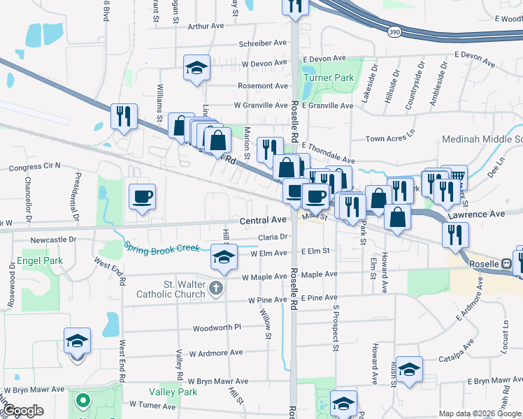 map of restaurants, bars, coffee shops, grocery stores, and more near 44 Central Avenue in Roselle