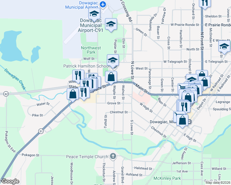 map of restaurants, bars, coffee shops, grocery stores, and more near 202 Maple Street in Dowagiac