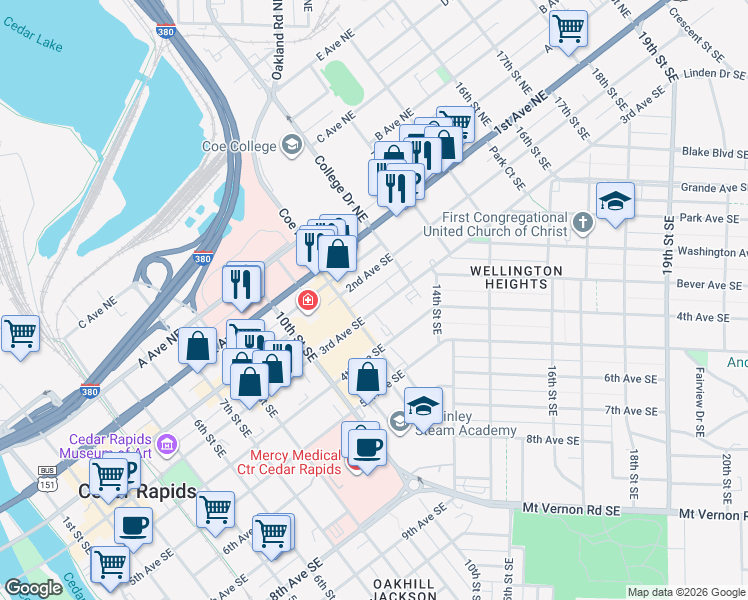map of restaurants, bars, coffee shops, grocery stores, and more near 1228 3rd Avenue Southeast in Cedar Rapids