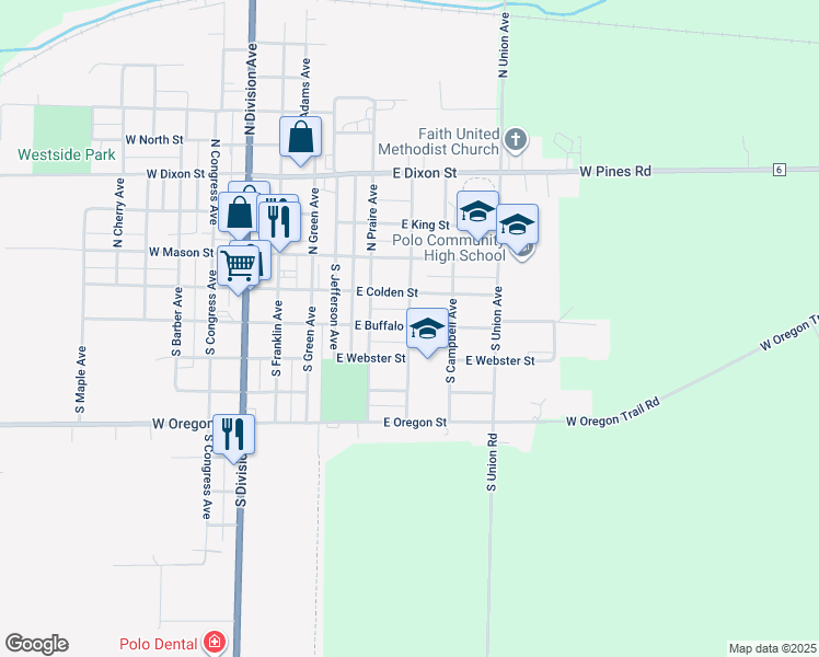 map of restaurants, bars, coffee shops, grocery stores, and more near 308 South Pleasant Avenue in Polo