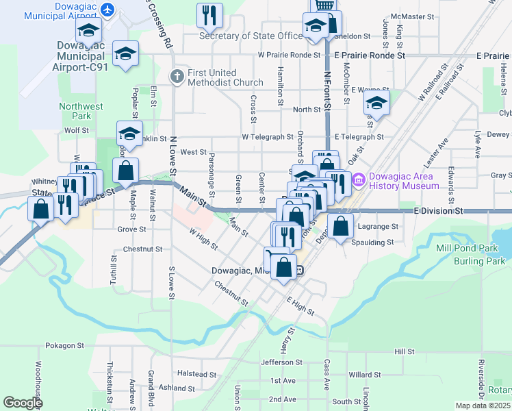 map of restaurants, bars, coffee shops, grocery stores, and more near 303 West Division Street in Dowagiac
