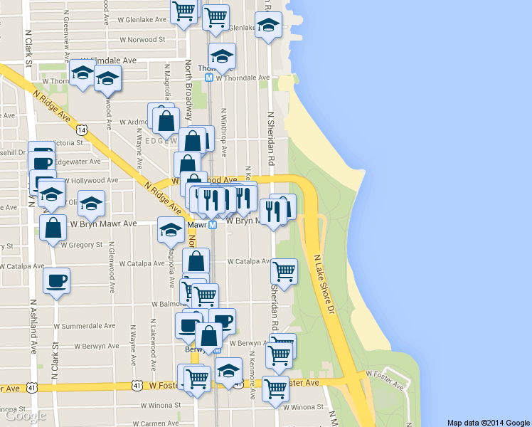 map of restaurants, bars, coffee shops, grocery stores, and more near 5600 North Sheridan Road in Chicago