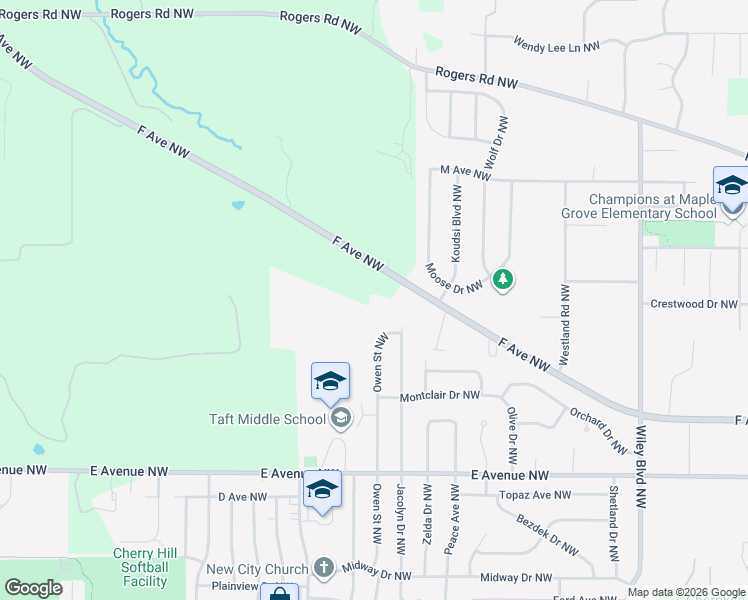 map of restaurants, bars, coffee shops, grocery stores, and more near 5005 F Avenue Northwest in Cedar Rapids