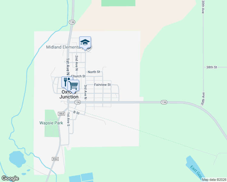 map of restaurants, bars, coffee shops, grocery stores, and more near 7th Avenue North in Oxford Junction