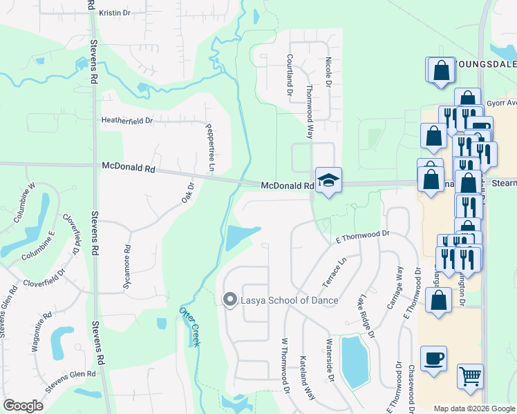 map of restaurants, bars, coffee shops, grocery stores, and more near 639 Oak Lane in South Elgin