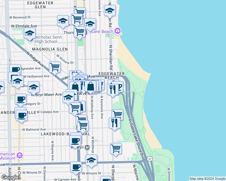 map of restaurants, bars, coffee shops, grocery stores, and more near 5556 North Sheridan Road in Chicago