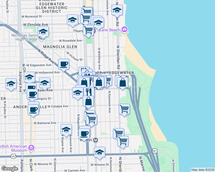 map of restaurants, bars, coffee shops, grocery stores, and more near 1039 West Bryn Mawr Avenue in Chicago