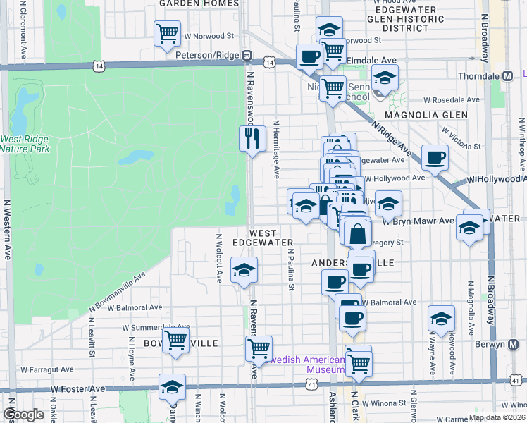map of restaurants, bars, coffee shops, grocery stores, and more near 1726 West Bryn Mawr Avenue in Chicago