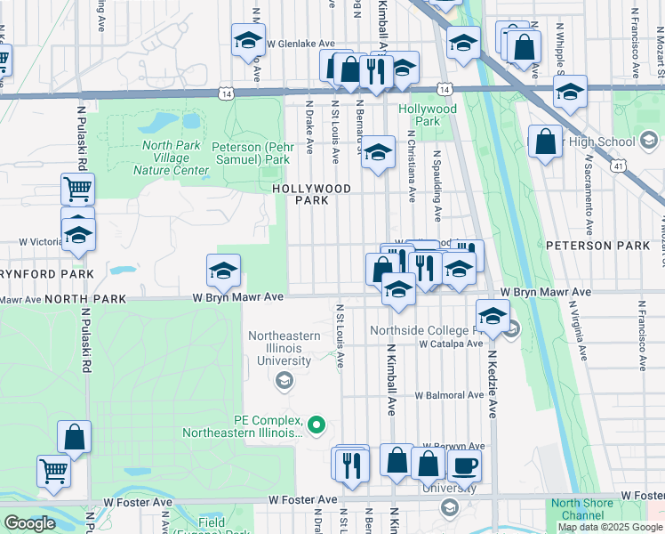 map of restaurants, bars, coffee shops, grocery stores, and more near 5615 North Drake Avenue in Chicago