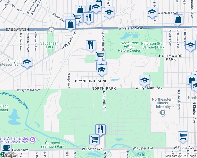 map of restaurants, bars, coffee shops, grocery stores, and more near 5622 North Pulaski Road in Chicago