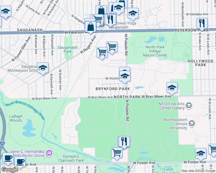 map of restaurants, bars, coffee shops, grocery stores, and more near 5623 North Kedvale Avenue in Chicago